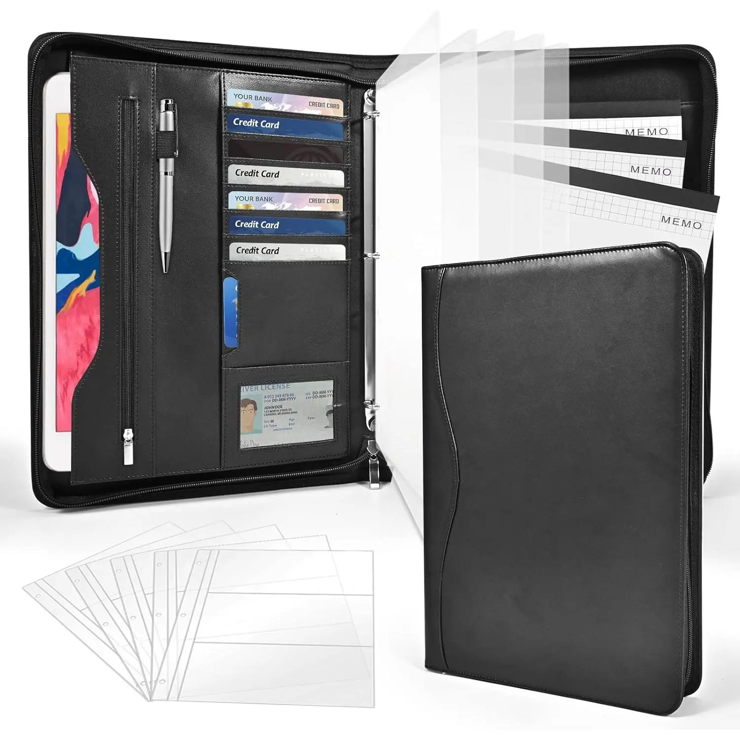 3-Ring Padfolio Portfolio Binder Organizer,PU Leather Folder Binder Business Planner Notebook Zippered Portfolio for Women/Men with Document Sleeve,Letter/A4 Size Clipboard