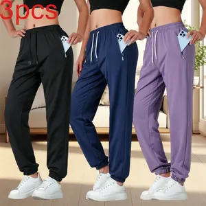 Pack of 3 women’s solid-color drawstring jogger pants with pockets, suitable for work, office, and business settings; spring/autumn wear; lightweight long pants; stylish, comfortable basic minimalist bottoms.