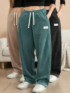 3 pcs women’s corduroy loose mid-rise drawstring pants, available in three colors; everyday casual athletic straight-leg long pants for autumn/winter; multiple color options; versatile sweatpants