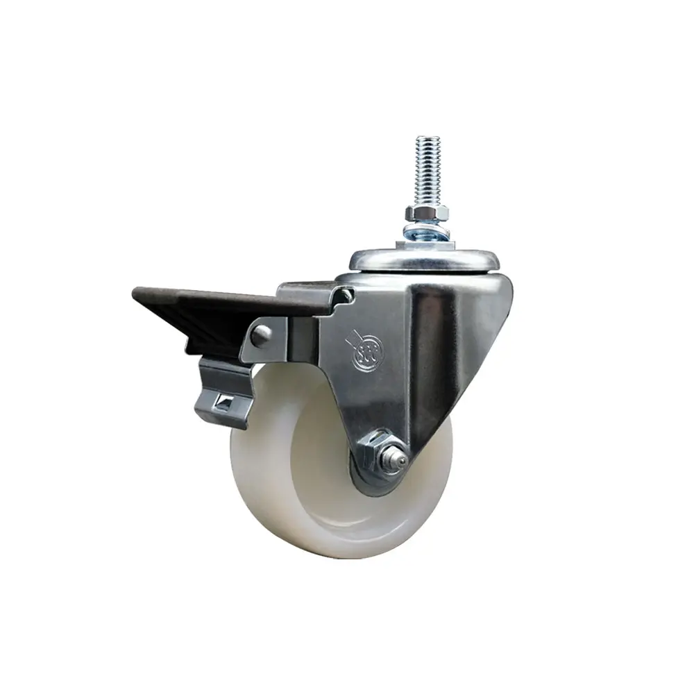 Service Caster SCC-TS20S314-NYS-PLB-381615 Nylon Swivel Threaded Stem Casters, 3 x 1.25 in. White Wheel, 0.38 in. Stem, Posi-Locking Brake, 300 lbs Load Capacity, Low Rolling Resistance, Maintenance-Free, for Material Handling Carts, Shop Equipment