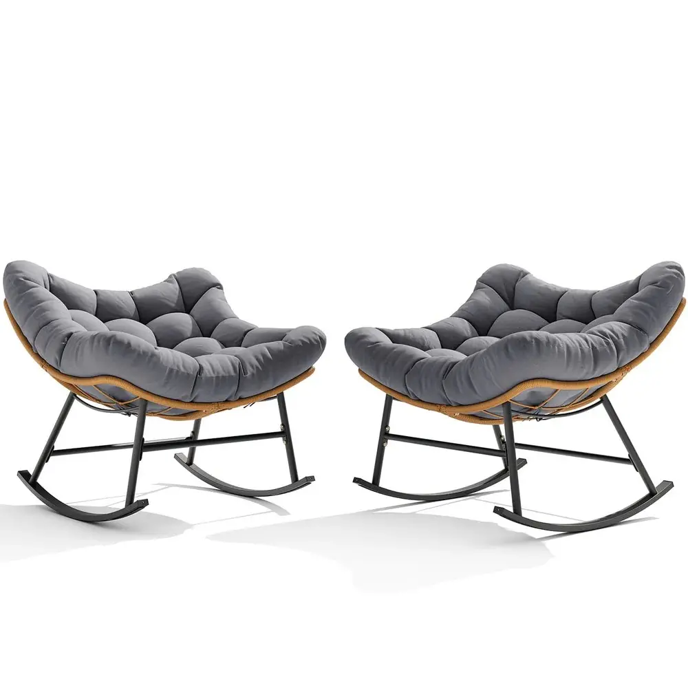SIKAIC 2PCS All-Weather Heavy-Duty Modern Multifunctional Rattan Rocking Chairs - Outdoor Furniture with Thick Sky Blue Cushions, Wicker Loungers for Balcony, Backyard (Indoor Chair)