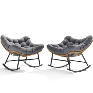 Sikaic 2PCS Outdoor Rattan Rocking Chair with Thick Cushion Sky Blue Modern Indoor Patio Papasan Rocker, Comfy Wicker Reading Lounge, Indoor Egg Chair for Bedroom, Living Room, Balcony, Porch, Backyard, Garden, Lawn