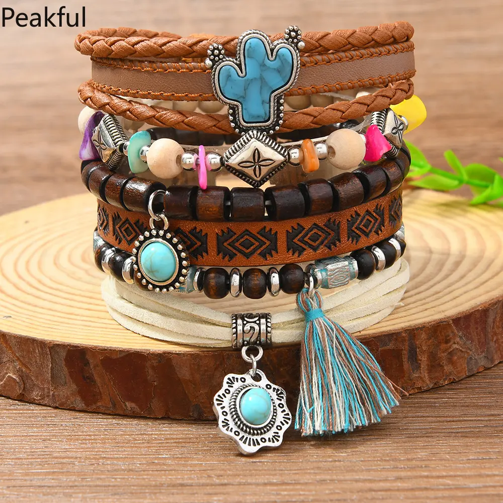 Bohemia Vintage Tribal Wooden Beaded Bracelets For Men Multi Layer Fashion Retro Flower Turquoise Bracelets Gifts