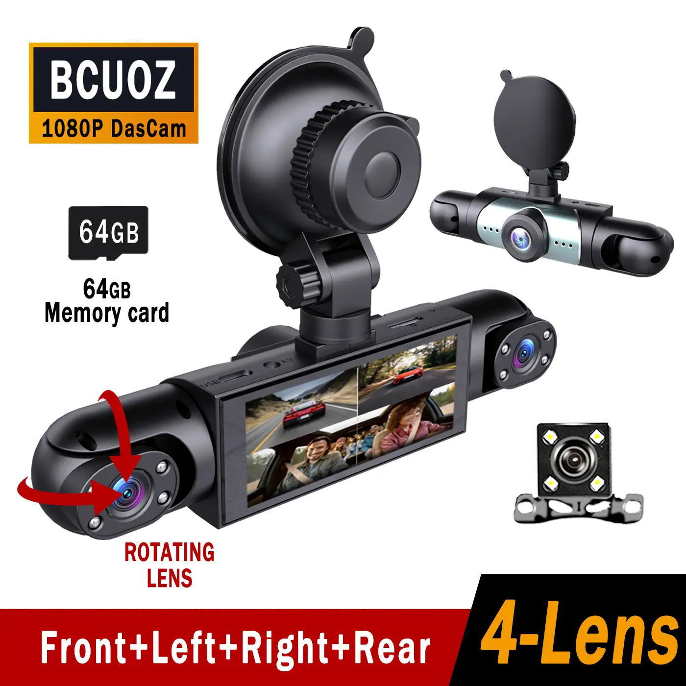 4-Channel Car Driving Recorder, 1080P High Definition Front & 720P Rear Left Right 360 Degrees Coverage, No Wireless Charging Needed, G-Sensor, Crash Lock, Loop Recording, Free 64GB Memory Card, 24H Multifunctional Car Black Box, Black Automotive Dash Cam