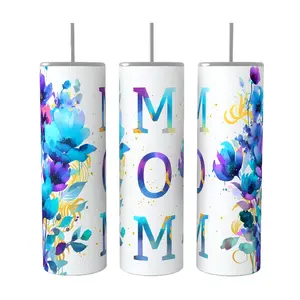 Watercolor Floral Mom 20 oz Tumbler Coffee Drinkware Insulated Lid Skinny Portable