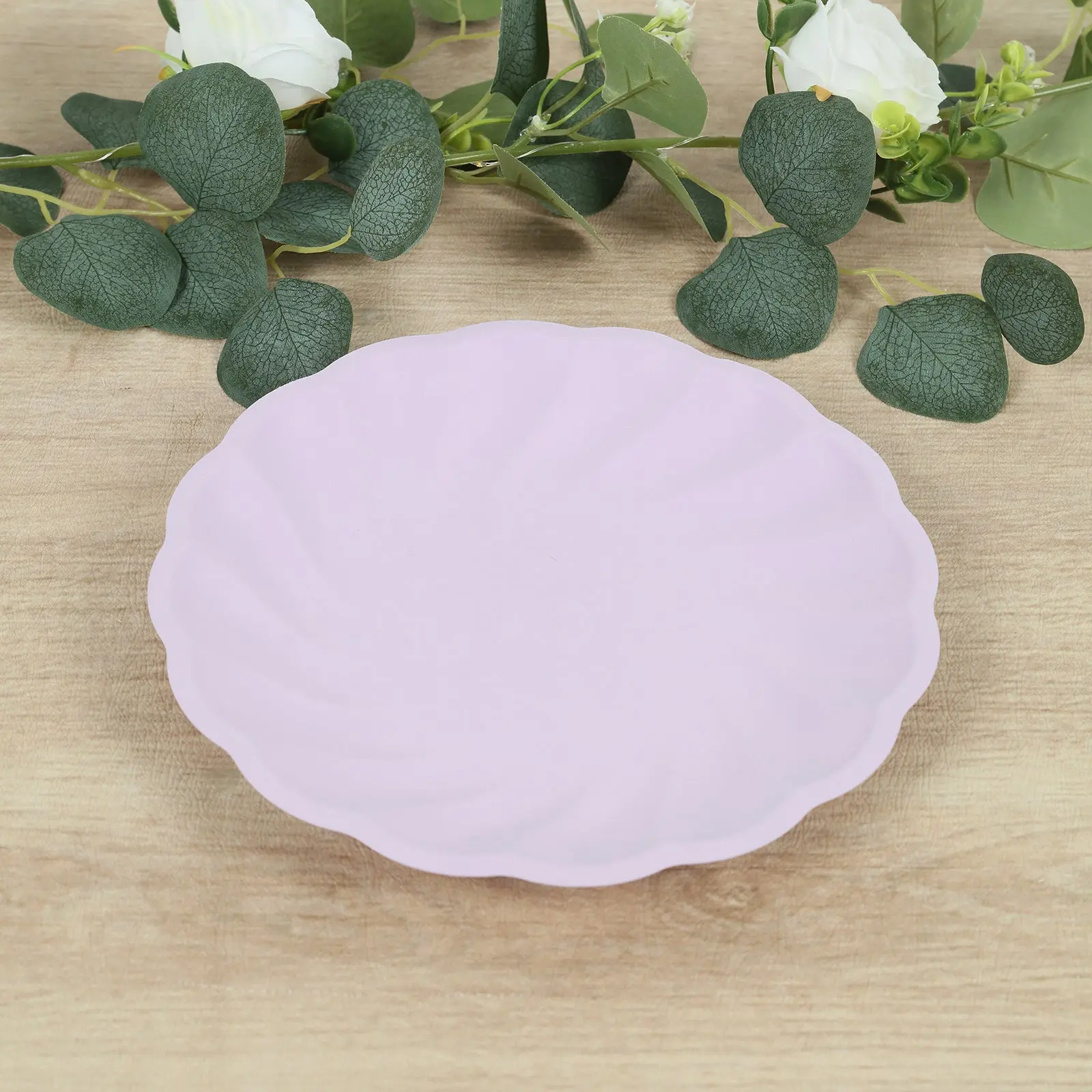 Disposable 20-Pack 9-in Scalloped Edge Compostable Bamboo Bagasse Eco-Friendly Dinner Plates, Lavender Lilac Swirl Pastel Tableware for Outdoor Party, Family Events Food Serving