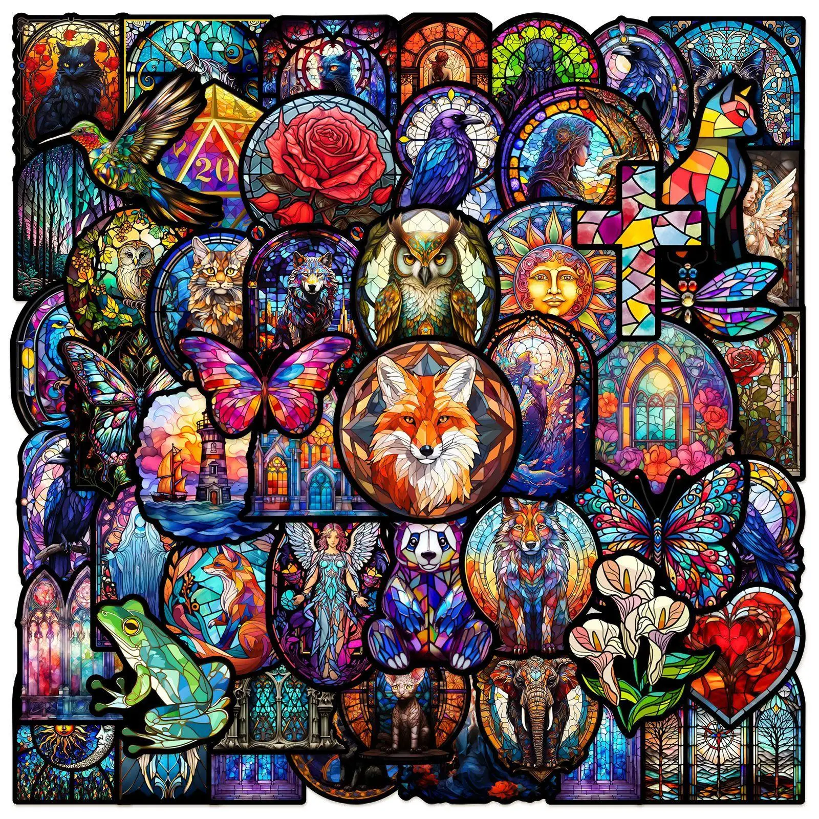 Vintage Gothic Stained Glass Pattern Car Stickers, 50pcs/set Animal & Flower Pattern Waterproof Car Stickers, Self-adhesive DIY Decorative Stickers fo