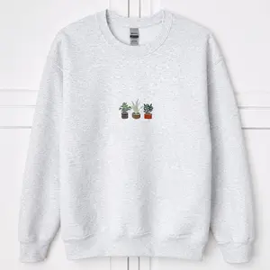 Trio Houseplant Embroidered Crewneck Sweatshirt, Garden Lover, Plant Mom, Cozy Loungewear