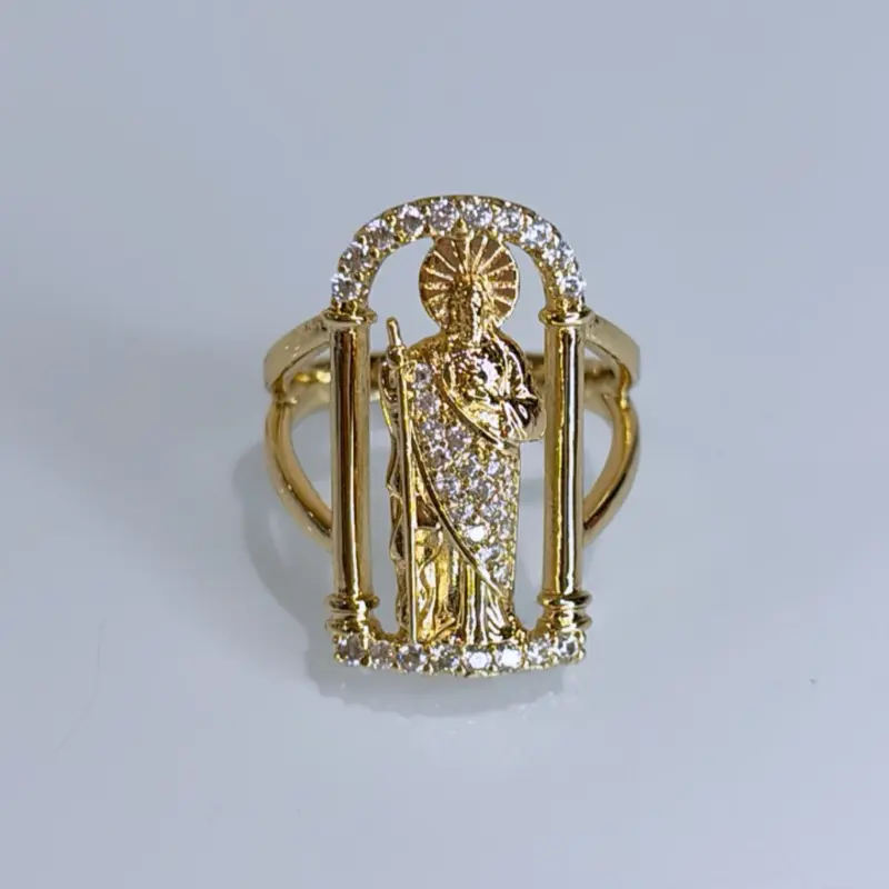 San Judas Ring - 14k Laminated Gold Design with Central Figure & Diamond-like Accents Hypoallergenic Daily Wear Jewelry