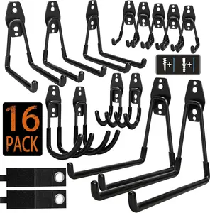 16-Pack Adjustable Steel Garage Storage Hooks with Anti-Slip Coating, Heavy-Duty Wall-Mount Organiser Hooks for Hanging Bike, Ladder (Wooden and PVC Construction)