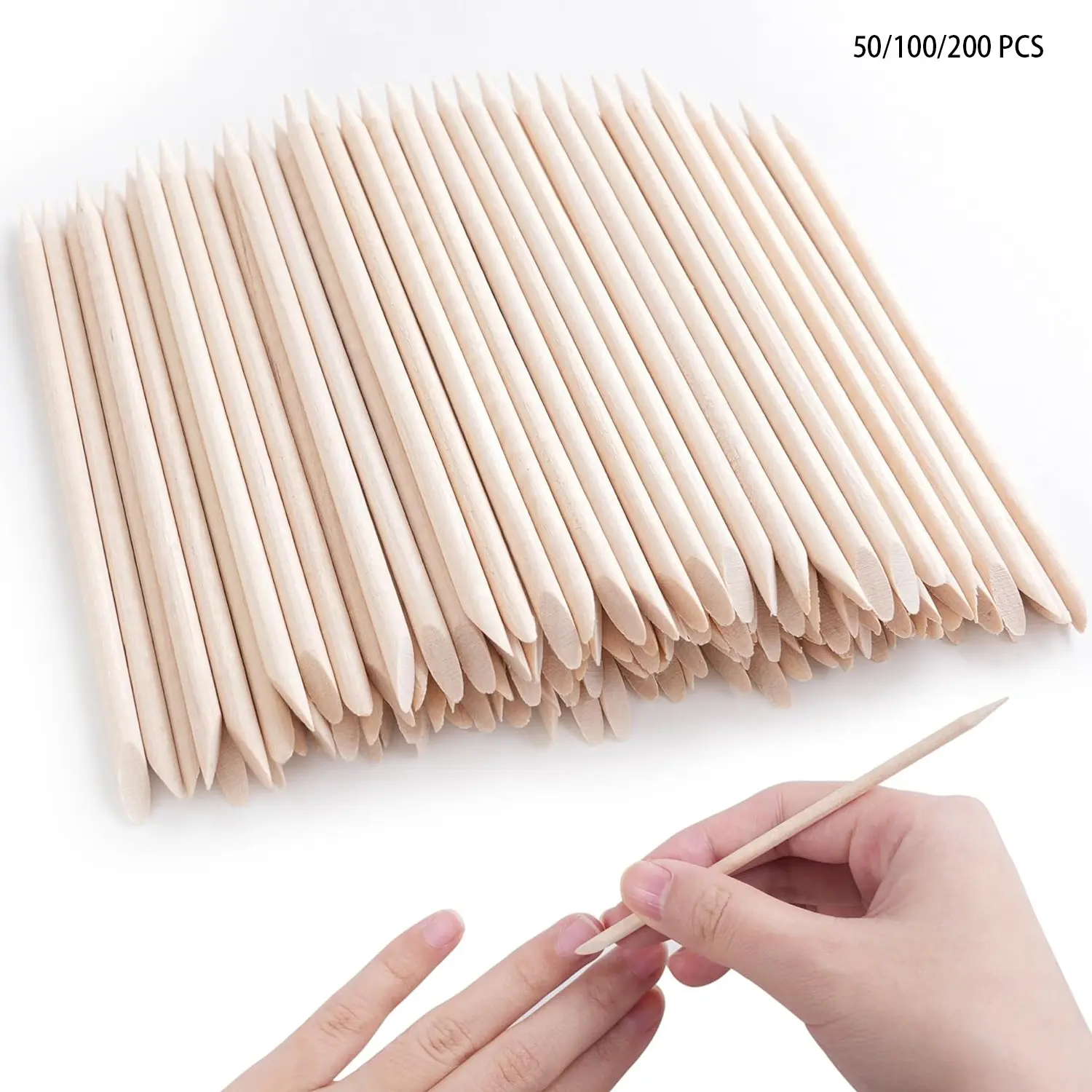 [50/100/200 Pcs] Press-on Nail Removal Salon Orange Wood Sticks, Wooden Nail Sticks – For nail gem placement, adhesive pickup, debris removal, cuticle pushing, embossing on press-on nails. 11.5CM disposable double-tip nail sticks Pack Options