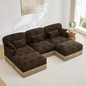 Eyisean 100" Chenille Modern Modular L/U-Shaped Sectional Sofa, Comfy Fashion Couch with Leopard Print & Tassel Edge, 3-Seater Ergonomic Deep Seat Upholstered Sofa with Lumbar Pillow & Ottomans, Easy Assembly for Living Room