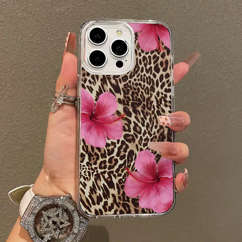 MagSafe Magnetic Soft TPU Smartphone Casing for iPhone 11-16 Pro Max - Bold Leopard Print, Pink Hibiscus Aesthetic Pattern, Lightweight, Anti-Scratch, Shock-Resistance Transparent Accessory