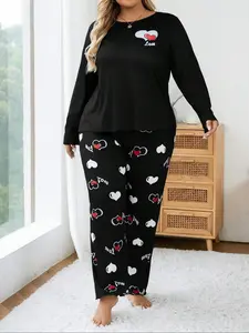 【Plus Size】 Two-Piece Set Heart Print Long Sleeve Tee & Elastic Waist Pants Pyjama, Casual Comfy Round Neck Top & Trousers PJ Set, Women's Sleepwear for Spring & Fall