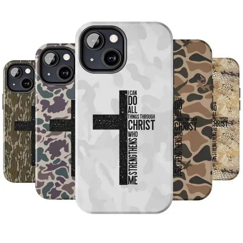 Vintage I Can Do All Things Through Christ Who Strengthens Me Camo Phone Case for iPhone17 16, 15, 14, 13, 12, 11