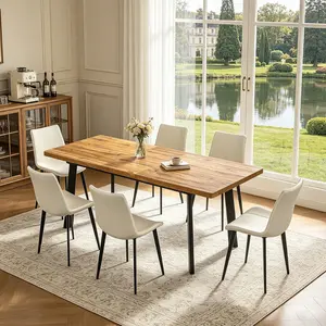Extendable Dining Table Set for 6 to 8 People, 63" to 78.7" Modern Kitchen Table Set with 6 Leather Chairs, MDF Dining Room Table and Chairs with Removable Extension Leaf (Walnut Table+White Chairs)