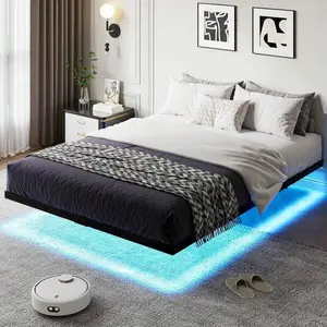 LED Metal Platform Bed Frame, Floating Bed Frame With Heavy Duty Steel Slats, No Box Spring Needed, Easy To Assemble, Full/ Queen/ King, Black