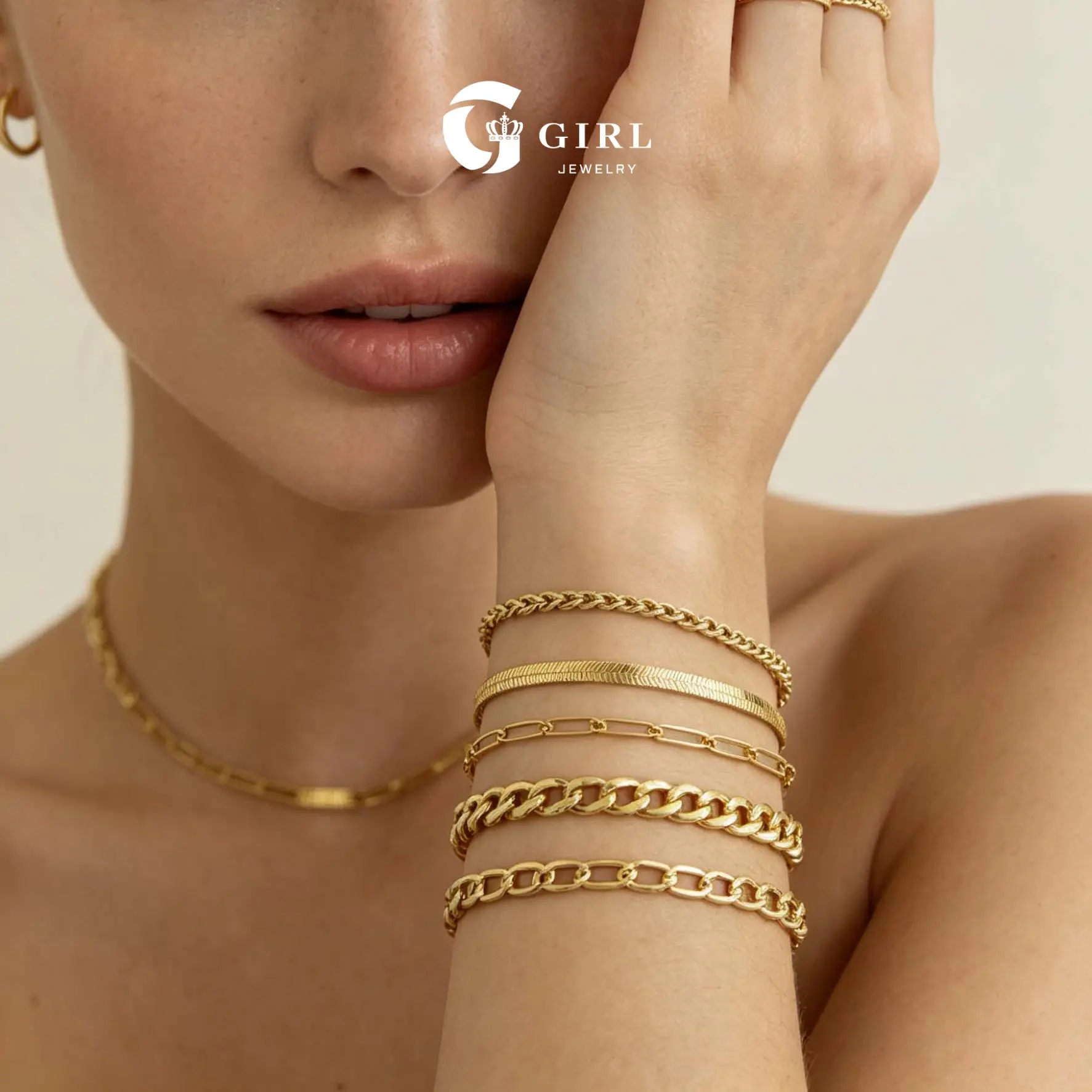 GGIRL Minimalist 5Pcs Multi-Style Thin Chain Bracelet Set for Women, 18K Gold Plated Stainless Steel Cuban Paperclip Herringbone Stack Bangles, Fashion  Elegant Summer Daily Party Jewelry Set For Women Girls,Modern Sweet Gift for Holiday & Birthday