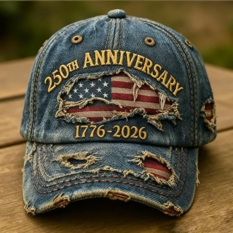 250th Anniversary Baseball Cap, USA 1776-2026, Patriotic Fashion Casual Style, Pairs well with ripped jeans and embroidered map of the United States.