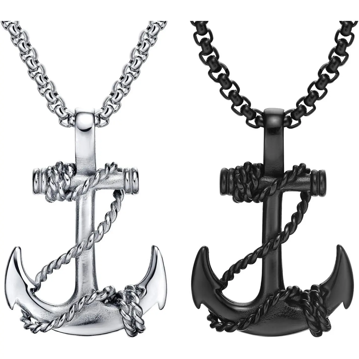 2 counts Anchor Necklace Vintage Navy Nautical Pirate Chain Necklace Cool Stainless Steel Pendant Necklace Goth Punk Rock Hip Hop Necklace for Men - Black Silver