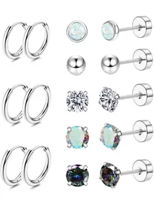 Hypoallergenic Steel Earrings for Sensitive Ears, 20g Stainless Steel Hoops, Small Opal & Cz Design, Unisex Jewelry, Hoop Earring Sets