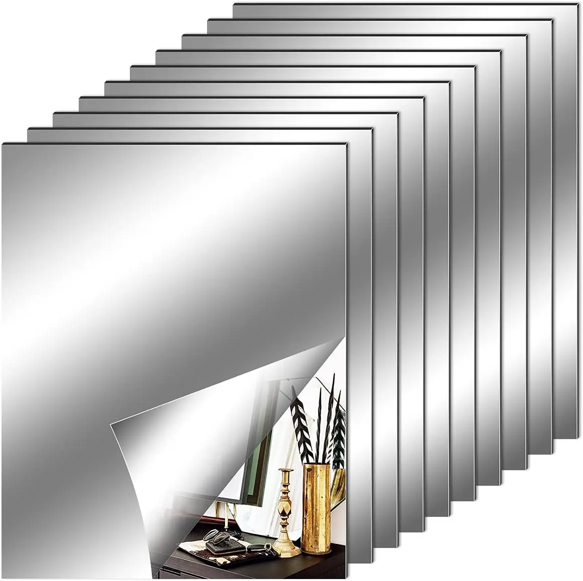 10-Piece 8x10 in Smooth Reflective Flexible Non-Glass Plastic Mirror Tiles Stickers, Self-Adhesive Vinyl Decorative Wall Stickers for Home Decor, Decorative Wall Sticker, Tiles Sticker