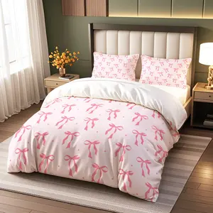 Sweet Girl Pink white Bow Print Duvet Cover Set, Comfy Bed Sets, Bedroom Bedding Set, Includes 1 or 2 Pillowcases, Soft Comfortable Fabric, Modern Bedroom Decor, Perfect Gift