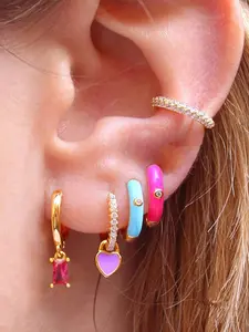 5Pcs Exquisite 24K Gold Plated Cubic Zirconia Hoop Earrings Set For Women Red Zircon Cuff Earrings Pack Drop Dangle Earrings Stack
