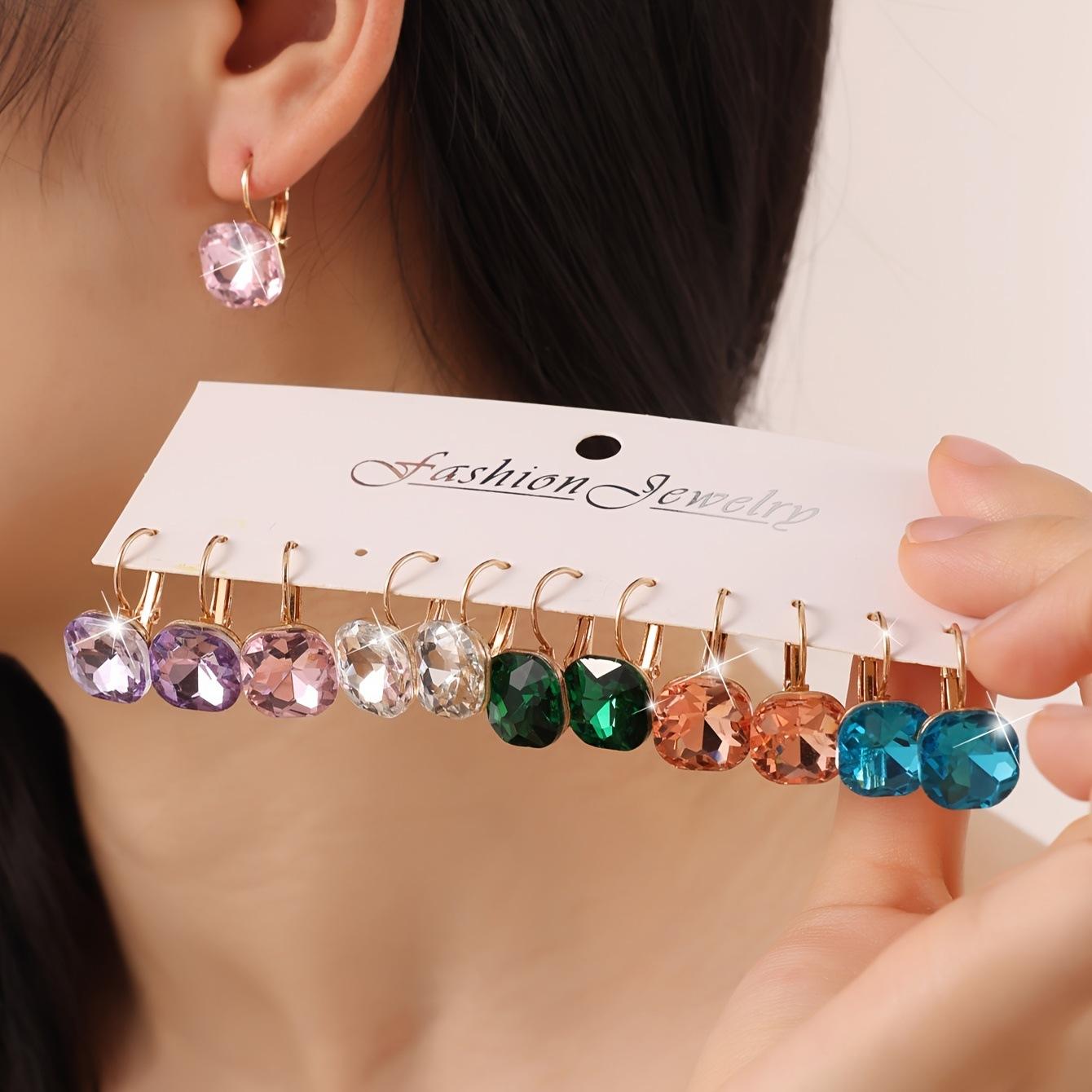 New jewelry square-shaped colorful diamond-studded earring set, light luxury and high-end feel, gorgeous geometric alloy earrings
