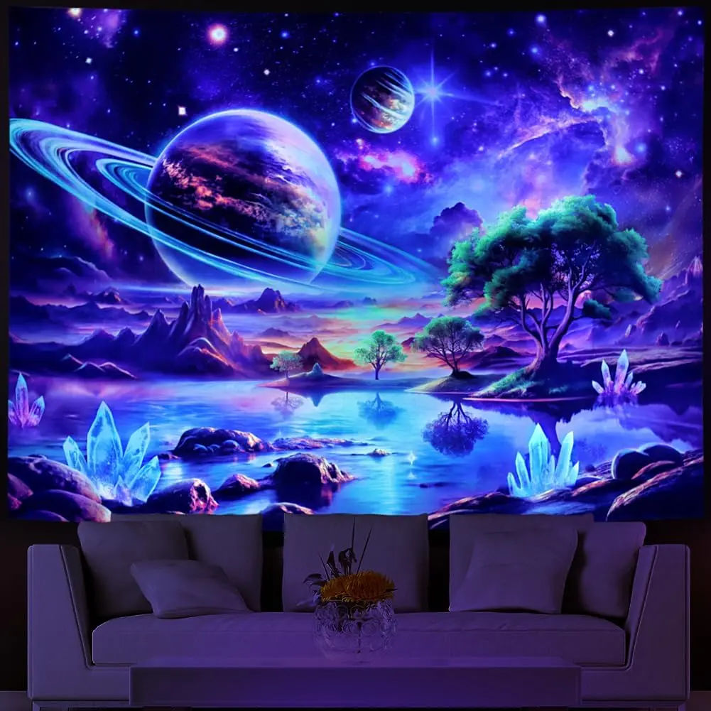Blacklight Galaxy Space Tapestry UV Reactive Planet Wall Hanging Magical Trees Tapestries Cosmic Mountain Landscape Wall Decor Aesthetic Starry Night Backdrop for Bedroom