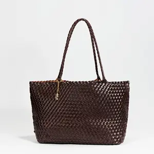 Handwoven Soft Leather Carryall Tote – Large Woven Work Bag with Zip Pouch, Minimal Designer Shoulder Bag, Everyday Travel Tote by YNYG