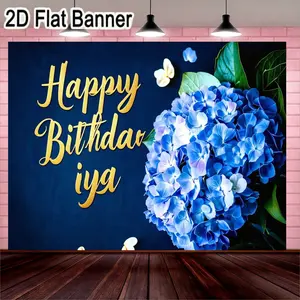 2D flat banner, 1pcHappy Birthday Blue Hydrangea Floral Decoration - Dark Blue Background with Vibrant Hydrangea Bouquet, Gold Cursive Text, Elegant Party Decor for Birthdays, Weddings, and Celebrations, Festive Home Decor, Perfect for Any Event