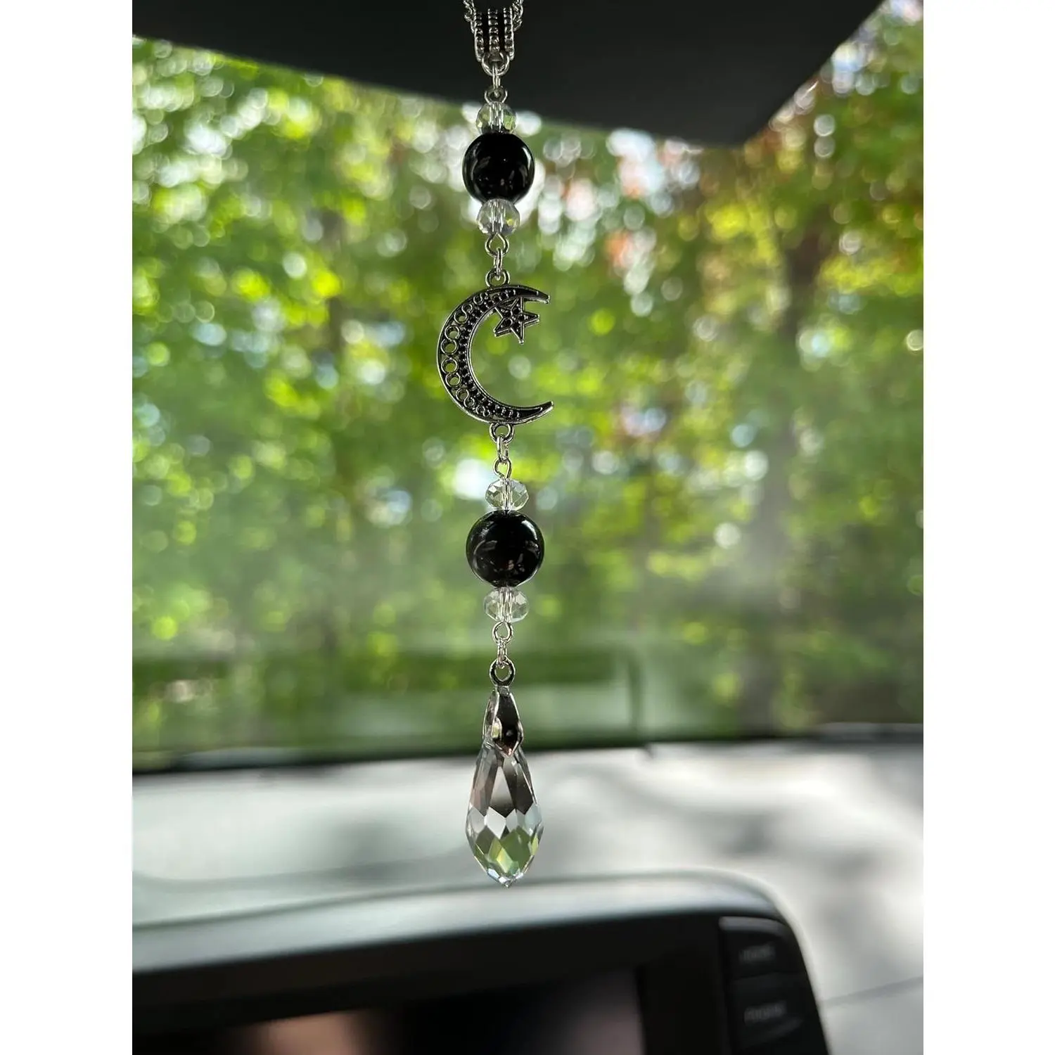 Moon and Star Rear View Mirror Accessories,Crystal Obsidian Stone Bead Car Decor Boho Witchy Suncatcher Healing Car Charm Hanging Ornaments for Women Men