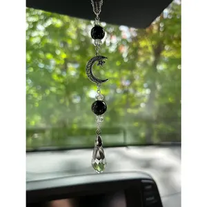 Moon and Star Rear View Mirror Accessories,Crystal Obsidian Stone Bead Car Decor Boho Witchy Suncatcher Healing Car Charm Hanging Ornaments for Women Men