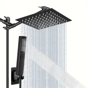 8'' Rain Square Shower Head, High Pressure, 2-in-1 Handheld, Extension Arm, Hose, Shower Holder