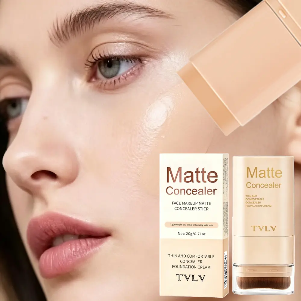 Cream Concealer Foundation Stick with Brush 5 Color Options Fast Application High Coverage Matte Finish Lightweight Non-Pore Clogging Sweat Resistant
