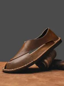 Men's Genuine Leather Hand-Stitched Sandals, Summer Hollow Out Toe Posture Roman Beach Shoes, Casual Comfortable Footwear Open Toe Slip On Men Style Versatile Chic Fashion Breathable Soft Classic Modern Outdoor Non Slip