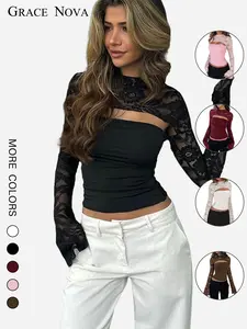 Women's Sexy Fashion Chic Lace Material Long Sleeve Fitted Blouse Top, Elegant Spring & Fall Wear, Stylish Ladies' Clothing for Casual Wear, Womenswear