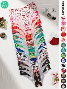 14-piece set of women's Christmas-themed panties, skin-friendly and soft with various prints, Elegant soft panty, low-waist women's underwear suitable for autumn and winter yoga, fitness, dance, hiking, leisure, sports, and holidays