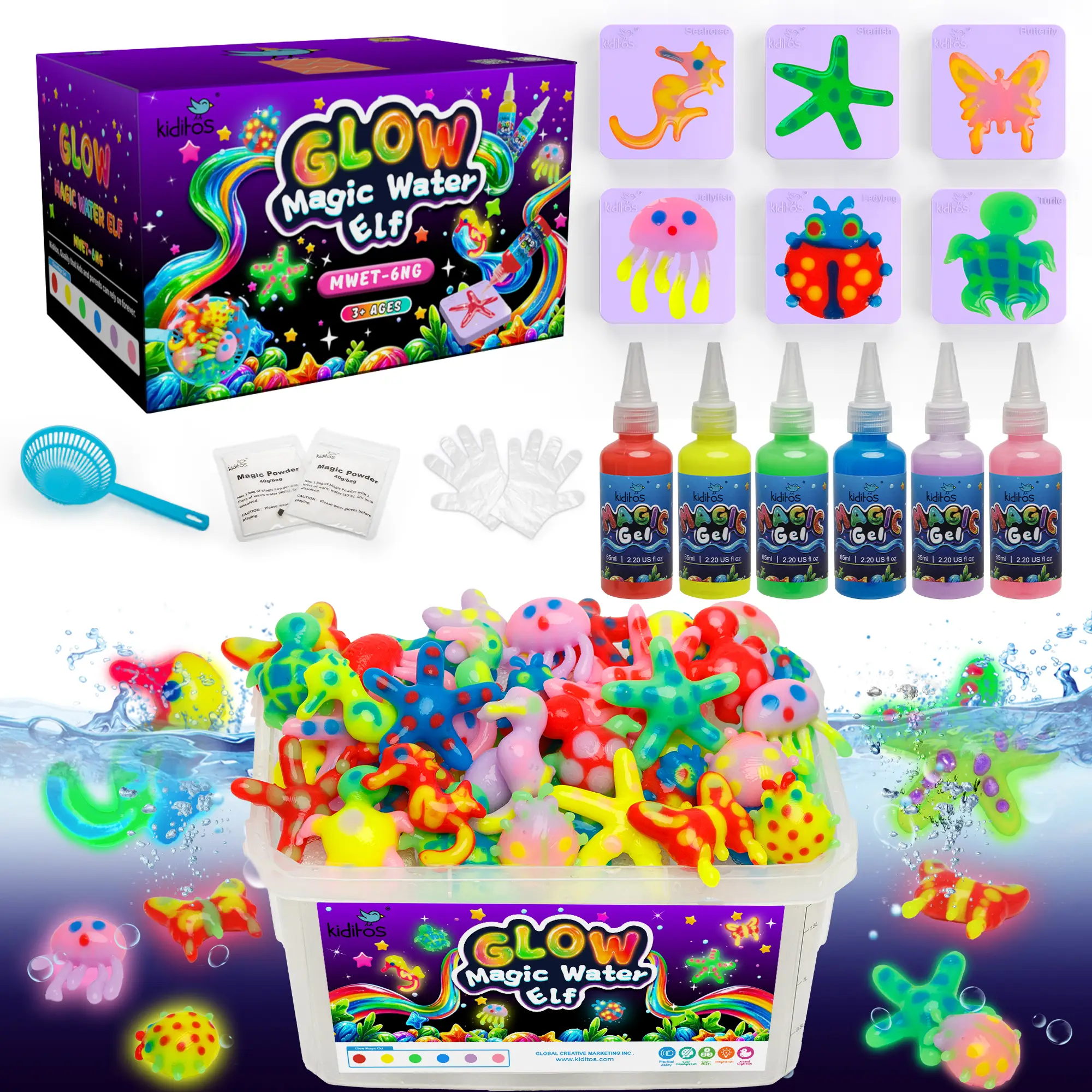 Kiditos Glow in The Dark Magic Water Elf Toy Kit with 6 Colors Glow Gels, 6 Molds - Imaginative Play, Christmas Gifts, Birthday Gifts, Party Favors,