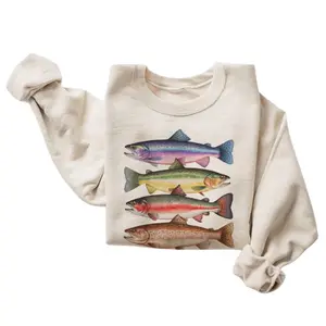 The Vintage Abstract Colorful Trout In A Row Sweatshirt, River Fish Trout Species Outfit, Fly Fishing Gift, Boho Unisex Crewneck Sweatshirt,  Menswear Top, Womenswear Top Underwear Streetwear