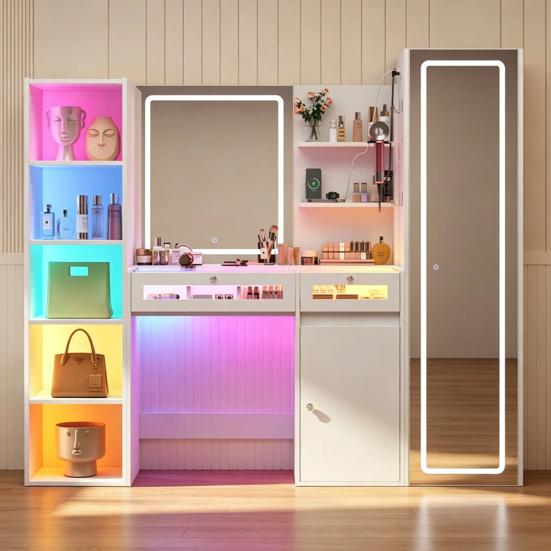 Lighted Mirror Makeup Vanity Desk, Bedroom Dressing Table with Storage, Transparent Top Vanity, RGB Drawer Vanity, Charging Station Vanity Table, 5-Shelf Cosmetic Organizer