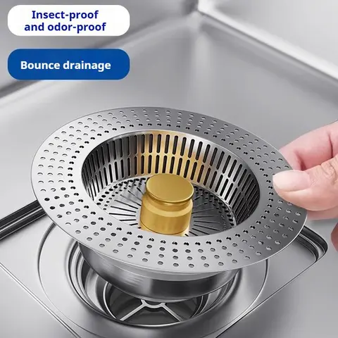 Stainless Steel 3-in-1 Bounce Core Sink Strainer, Rust-Resist Metal Kitchen Fixture Accessory, Universal Fit Drain Tool for Indoor Cleaning, Clog-Resistant Food Debris Catcher