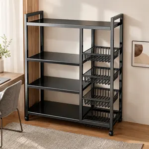 1pc Movable 4 - storey Kitchen Shelf with 3 Wire Baskets Adjustable Height Metal Storage Rack with Wheels for Garage Pantry Bathroom Closet New Home Standing Shelf Utility Organizer