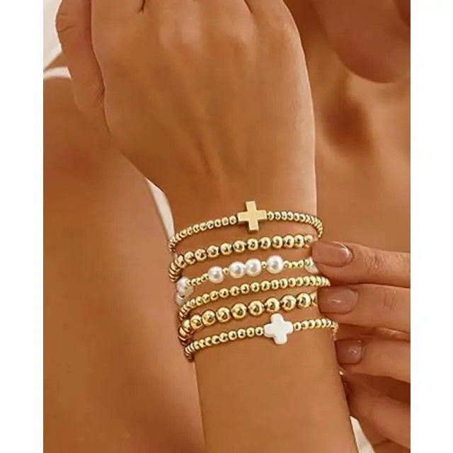 Gold Beaded Bracelets Stack for Women, Christmas Stocking Stuffers, Stackable 14K Gold Plated Beads Ball Cross Bracelet, Boho Christian Jewelry, Non-Tarnish Waterproof Hypoallergenic, Friendship/Birthday/Christmas Gifts for Her, Trendy Daily Party Accesso