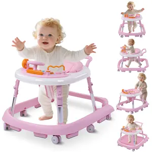 Baby Walker Foldable, Baby Walkers and Activity Center for Boys Girls Babies 6-18 Months with Feeding Tray & Music, and 5 Adjustable Heights, Baby Walker with Wheels, High Push Handle Walker (Without Activity Center)
