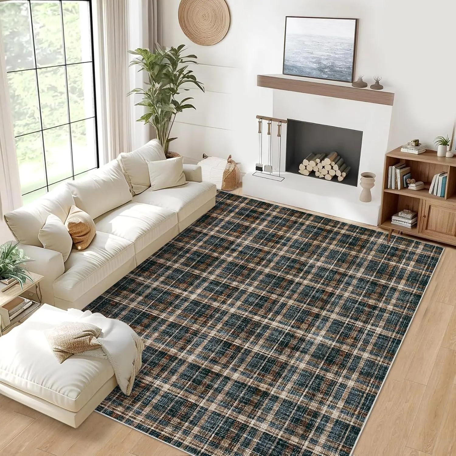 Modern Plaid Decorative Area Rug - Low-Pile, Non-Slip, Soft, Foldable, Machine-Washable Floor Covering for Bedroom, Living Room Home Decor, Modern Floor Rug, Home Decor Rug