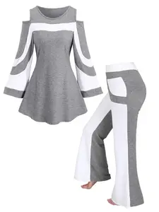 Autumn Winter New Fashion Chic Women's Colorblock Off-Shoulder Long Sleeve Top and Flare Pants Casual Set, Slim-Fit, All Seasons Wear