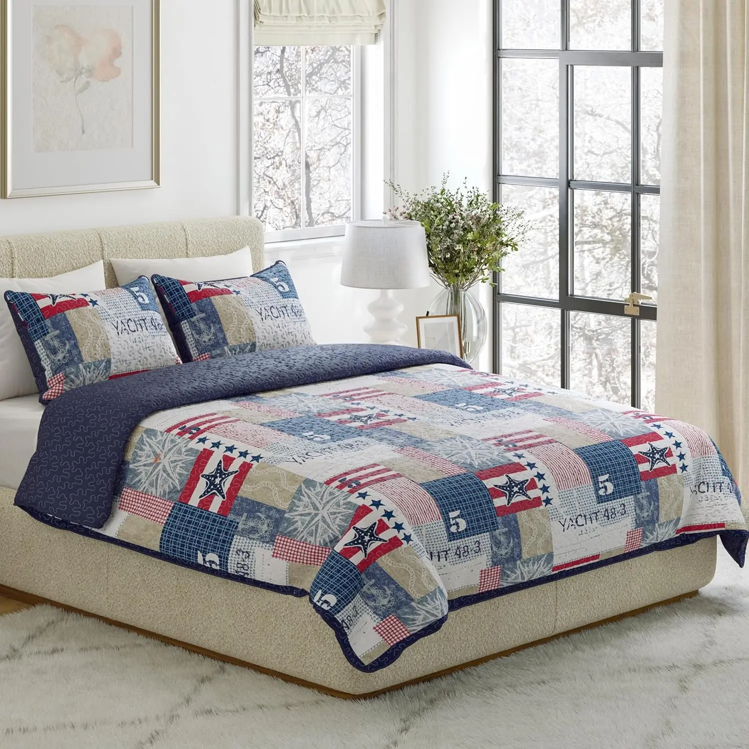3-Piece Quilt Set – Nautical Americana Patchwork Print All-Season Soft Microfiber Bedspread with Shams - King Bedding