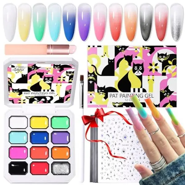 12 Color Patting Nail Gel Kit, Ombre Painting Gel Palette with Brush & Silicone Patting Pen & Nail Art Stickers - UV/ Curing for Gradient Nails, Beginner Friendly DIY Manicure Set